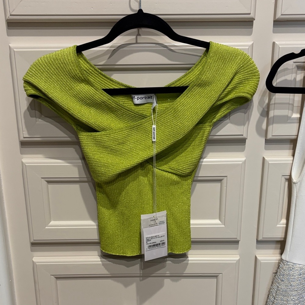 Self-Portrait Neon Lime Off-Shoulder Ribbed Crop Top